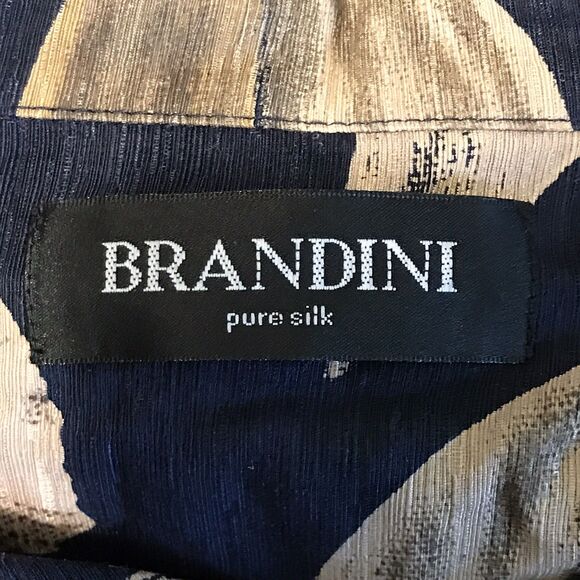 Brandini Pure Silk Hawaiian Shirt Men's L Navy Tan Floral SS Top Loop Button Up - Picture 9 of 11
